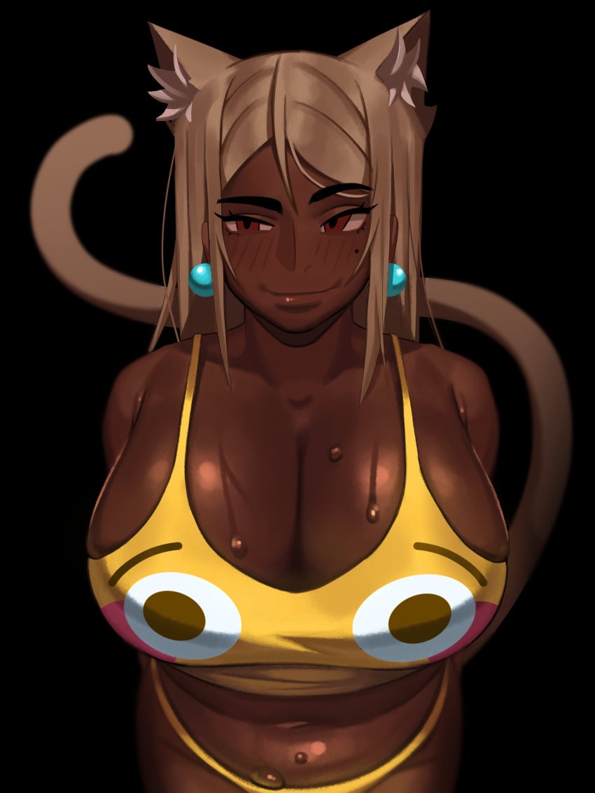 1girls blonde_hair blush breasts brown-haired_catgirl_(kevbot) catgirl cleavage clothed clothing dark-skinned_female dark_skin emoji female female_only huge_breasts kevbot mature_female milf navel original partially_clothed smile solo standing sweat