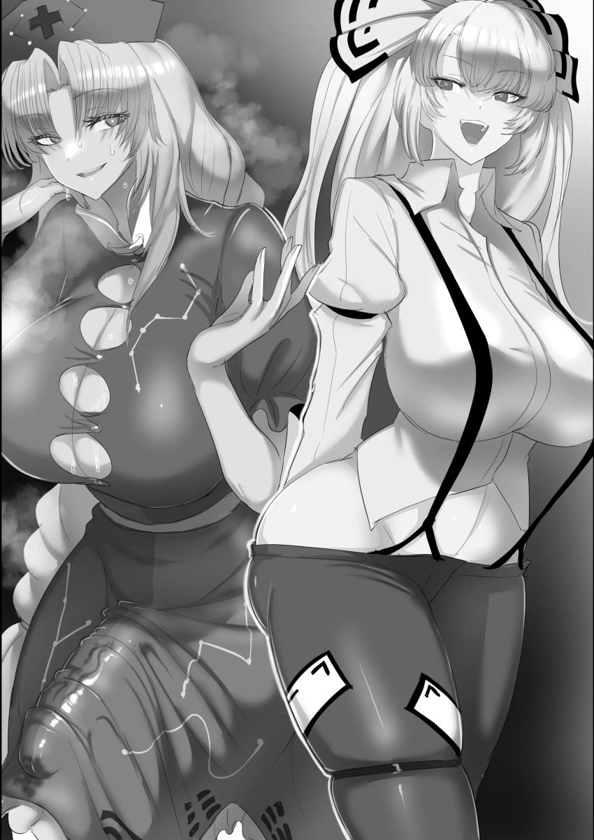 1futa 1girls big_breasts blacktan bow breasts bulge clothed clothing duo eirin_yagokoro erection_under_clothes female fujiwara_no_mokou fully_clothed futanari human light-skinned_female light_skin monochrome pale_skin penis precum precum_through_clothing skindentation standing steam suspenders sweat tenting touhou