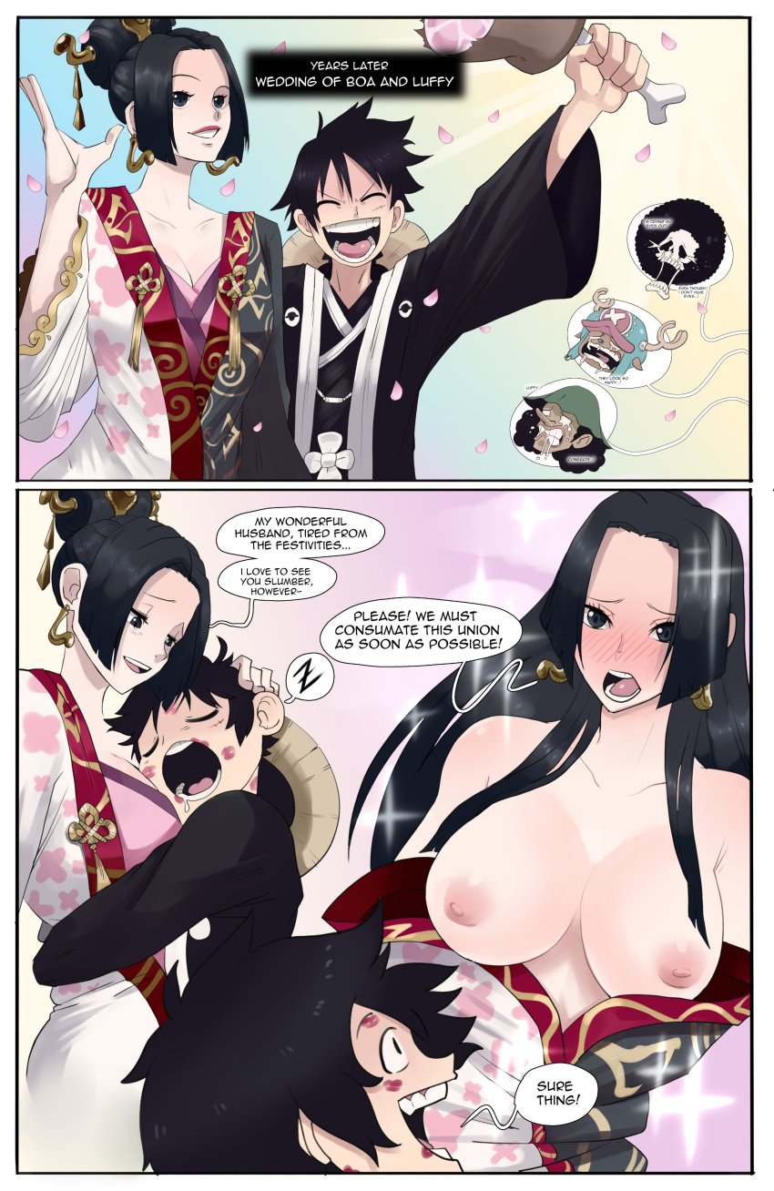 1boy 1girls 4boys big_breasts black_eyes black_hair blush boa_hancock comic comic_panel crying female happy hug huge_breasts kinjero long_hair male marriage monkey_d_luffy one_piece presenting_breasts scar short_hair topless topless_female wedding wholesome