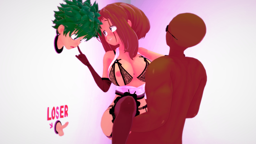 1girls 2boys 3d cuckold cuckold_gloryhole dark-skinned_male dark_skin female femdom glory_hole humiliated humiliation interracial izuku_midoriya koikatsu male my_hero_academia netorare ochako_uraraka shakes small_penis