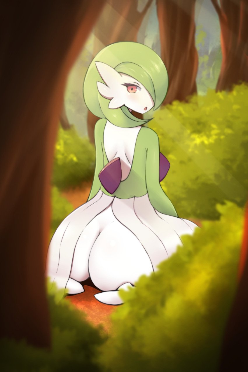 androgynous ass blush bob_cut bushes curvaceous dress exposed_ass feet female forest fraankyy from_behind game_freak gardevoir generation_3_pokemon green_hair green_skin hair_over_one_eye high_resolution large_ass looking_at_viewer looking_back nature nintendo open_mouth outdoors pokémon_(species) pokemon pokemon_(species) red_eyes short_hair sitting solo_focus thick_thighs thighs tongue very_high_resolution white_dress white_skin wide_hips