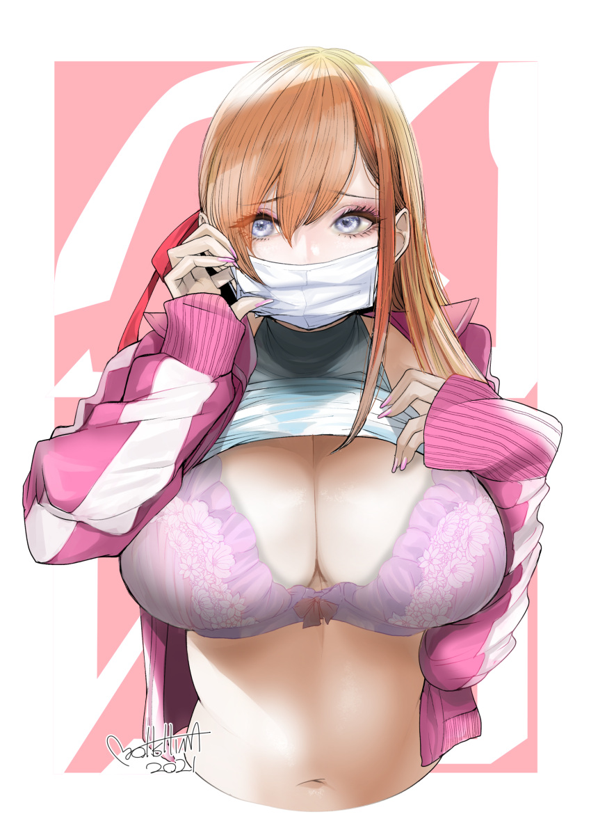 1girls blue_eyes bra breasts eyebrows_visible_through_hair final_fantasy final_fantasy_xiv hair_ribbon ooshima_ryou orange_hair painted_nails pink_ribbon ryne_waters square_enix