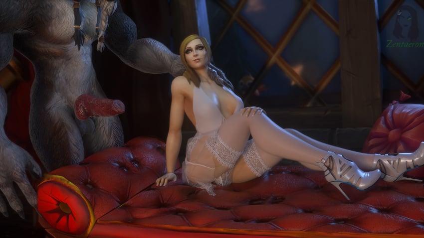 2021 3d alliance_(warcraft) blizzard_entertainment blonde_hair blue_eyes canine_penis female female_focus grace_ahrena high_heels human large_breasts legwear lingerie original_character scrimshaw stockings warcraft worgen world_of_warcraft zentaeron