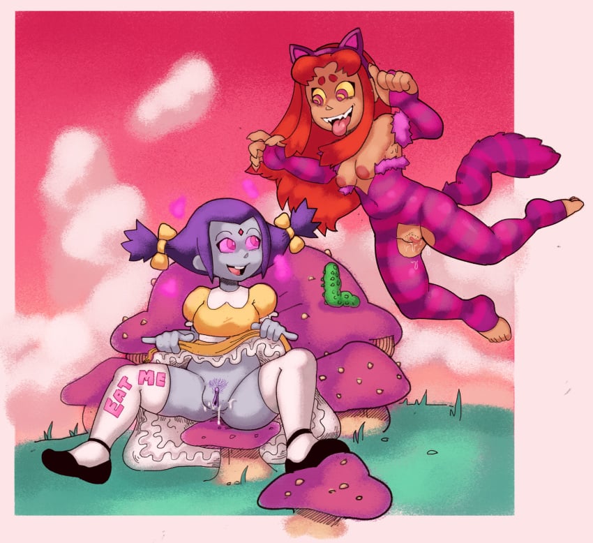 2girls alice_in_wonderland alice_liddell_(cosplay) caterpillar cheshire_cat dc dc_comics dogmalord fairy_tales fangs female_focus female_only grey_skin large_breasts literature long_gloves mary_janes monster_girl mushroom orange_skin pink_sclera pubic_hair public_domain purple_hair rachel_roth raven_(dc) red_hair shaved_pussy smooth_skin socks starfire teen_titans the_caterpillar twintails yellow_sclera