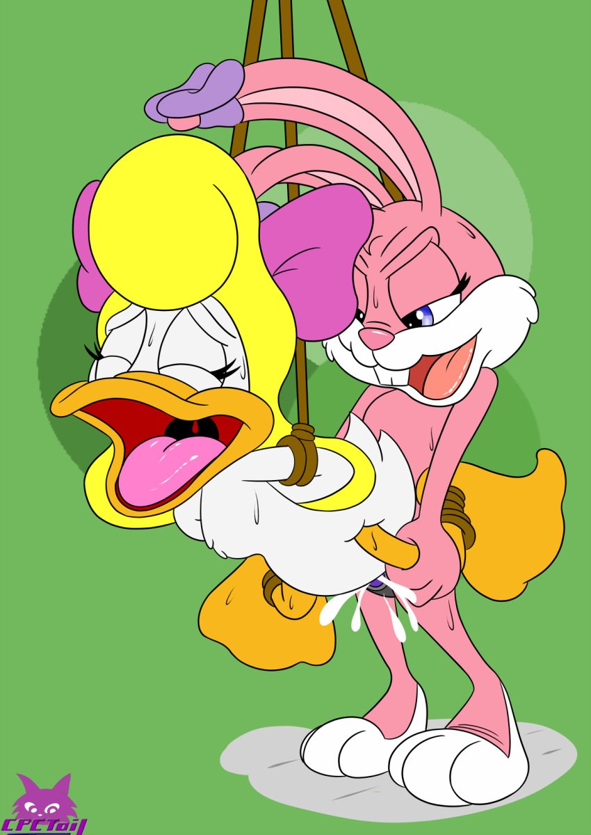 2girls babs_bunny blonde_hair blue_eyes bondage cpctail duck female fur furry loon looney_tunes multiple_girls nude rabbit shirley_the_loon soft_feathers strap-on tiny_toon_adventures warner_brothers yuri