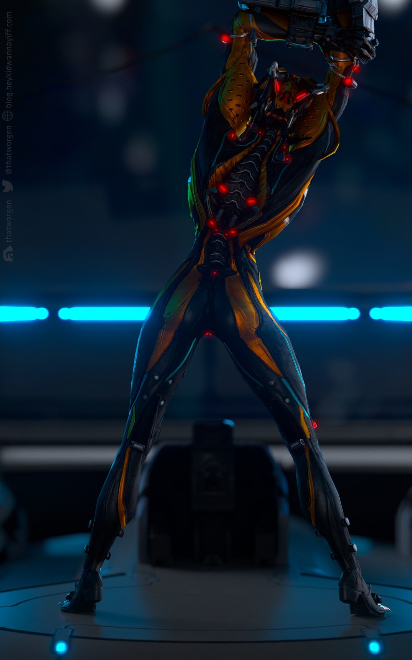 1girls 2020 3d absurd_res alien ass claws female genitals glowing glowing_genitalia glowing_pussy hi_res humanoid not_furry pussy raised_arms rear_view solo solo_female stretching tenno thatworgen valkyr_(warframe) video_games warframe