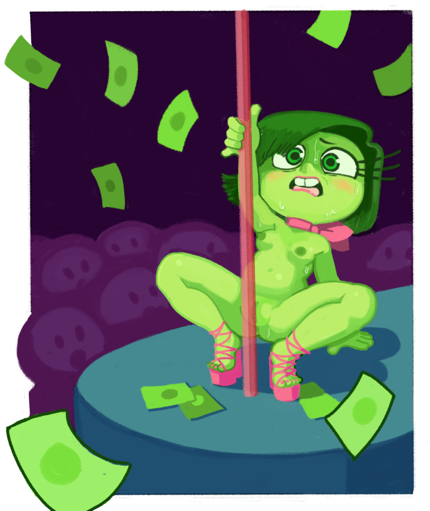 blush disgust_(inside_out) disney dogmalord dollar_bills embarrassed embarrassed_female embarrassed_nude_female eyelashes green_eyes green_hair green_skin heels inside_out medium_breasts money naked_footwear naked_with_shoes_on nipples open_mouth pixar pole pole_dancing scarf shoes_only stripper stripper_pole stripping sweatdrop