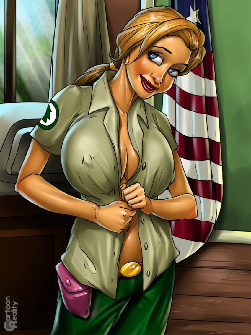 1girls big_breasts blonde_hair blue_eyes brickleberry cartoonreality.com ethel_anderson female female_focus female_only green_pants imminent_sex khaki_shirt looking_at_viewer no_bra park_ranger ponytail red_lips red_lipstick seductive seductive_gaze seductive_look seductive_smile tagme undressing uniform