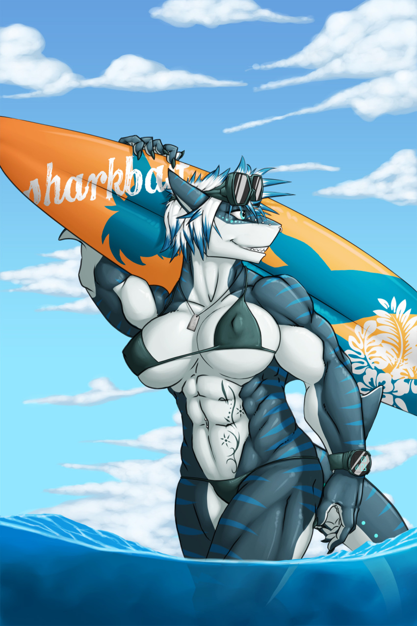 1girls anthro bra cloud clouds dog_tags female female_only furry glasses muscles muscular_female nika_sharkeh nipples_visible_through_clothing ocean saruuk shark_girl sharp_teeth short_hair smile smiling solo solo_female surfboard swimsuit tagme tattoo watch water