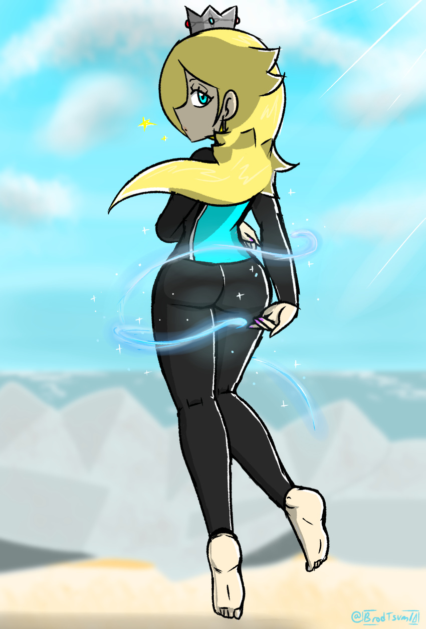 1girls 2020s 5_fingers barefoot blonde_hair bodysuit clothing crown female female_focus female_only flying fully_clothed hair human japan magic mario_(series) mario_and_sonic_at_the_olympic_games nintendo outdoors png princess_rosalina signature solo tsumibro wetsuit