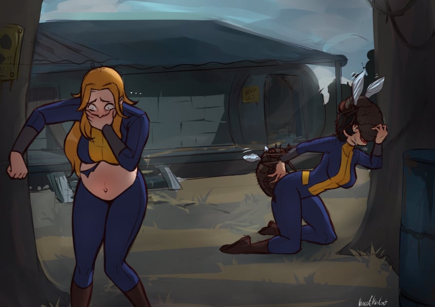 2girls 2insects bestiality bethesda_softworks black_hair bloatfly blonde_hair body_invasion crying double_penetration fallout female imsofckinlost inflation insect insects pregnant rape torn_clothes torn_clothing vault_dweller vault_girl vault_suit zoophilia