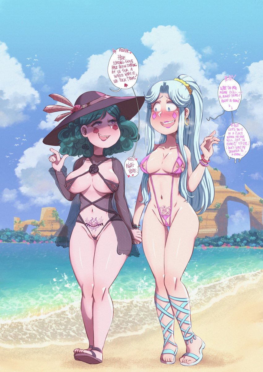 2girls beach bikini black_swimsuit blue_eyes blue_hair blush cleavage clouds dialogue disney disney_channel eclipsa_butterfly english_text face_markings female female_only green_hair hat imminent_sex innie_pussy lipstick long_hair milf moon_butterfly multiple_girls navel nipples_visible_through_clothing open_mouth peonymami pierced_nipples piercing pink_swimsuit pubic_tattoo purple_eyes pussy pussy_visible_through_clothes sandals see-through see-through_swimsuit speech_bubble star_vs_the_forces_of_evil swimsuit text thick_thighs thigh_gap white_hair