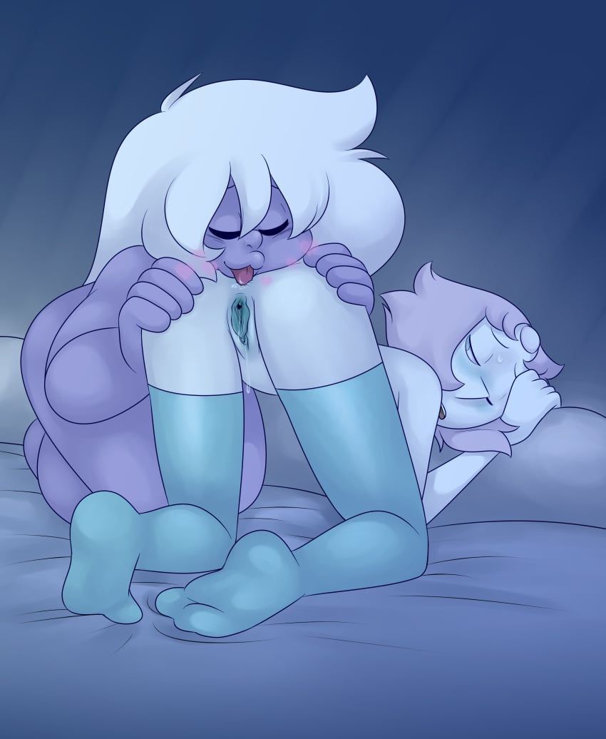 2girls alien amethyst_(steven_universe) anilingus ass bed feet female female_only gem_(species) leggings missgreeney multiple_girls pearl_(steven_universe) purple_skin pussy pussy_juice rimjob rimming steven_universe thighhighs white_hair yuri