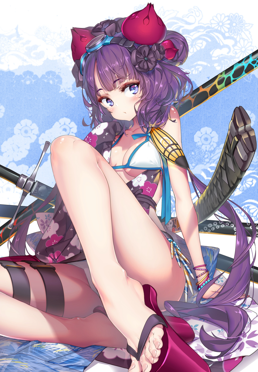 alternate_version_available blue_eyes fate/grand_order fate_(series) feet hong_(white_spider) katsushika_hokusai_(fate) looking_at_viewer purple_hair swimsuit sword tagme