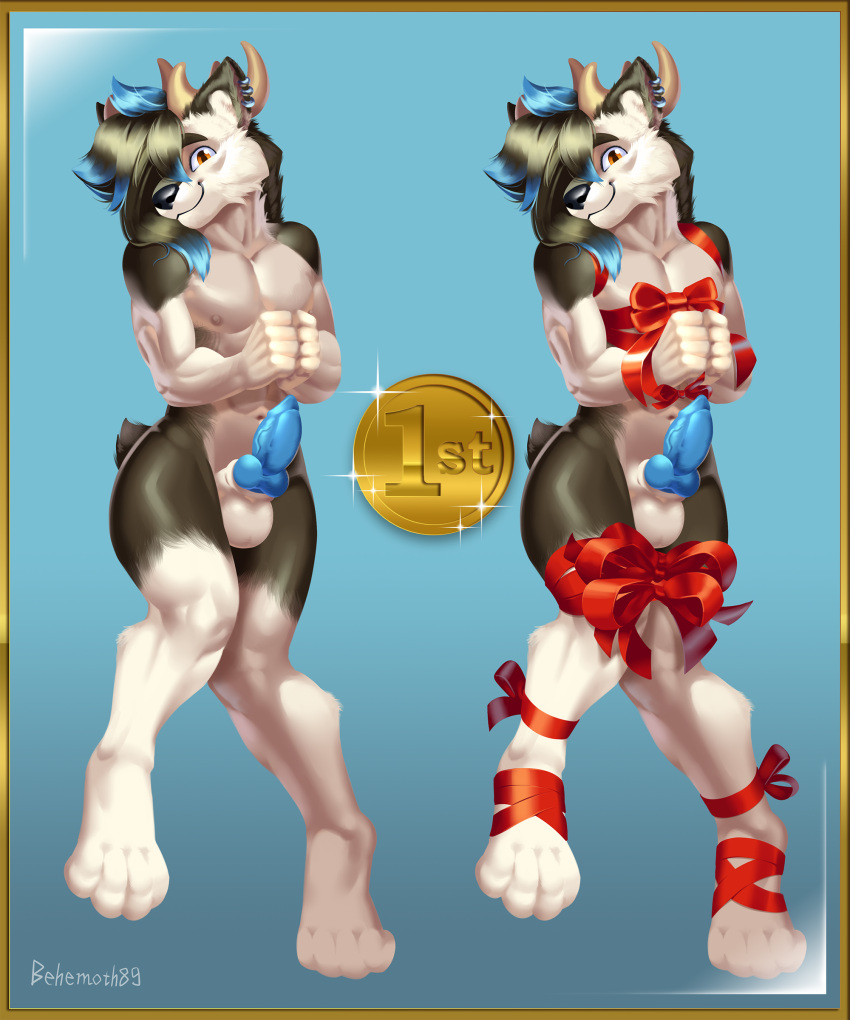 absurd_res anthro behemoth89 bondage bound bow canid canine canis christmas domestic_dog erection genitals hi_res holidays hybrid male male_only mammal penis piercing raffle_prize solo solo_male wolf