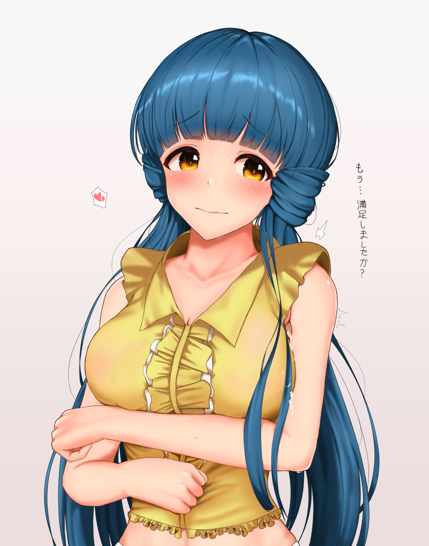 1boy 1girls absurdres armpit_sex armpits barely_visible_genitalia blue_hair blush breasts brown_eyes cleavage cum cum_on_armpits cumming cumshot ejaculation embarrassed female fully_clothed ggim_(kdnx8758) heart highres idolmaster idolmaster_million_live! kitakami_reika light-skinned_female light_skin long_hair low_twintails medium_breasts midriff out_of_frame penis solo_focus spoken_heart straight symbol-only_commentary translated twintails