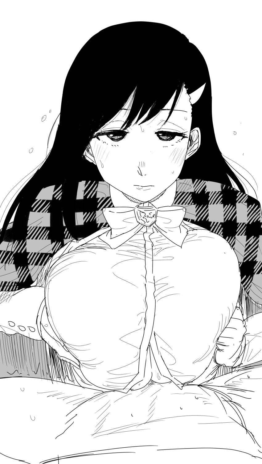 1boy 1girls alternate_breast_size asian asian_female big_breasts bleach breasts burn_the_witch button_gap clothed_paizuri dress_shirt engulfing_paizuri huge_breasts kaiman_garupan large_breasts looking_at_viewer noel_niihashi paizuri paizuri_lead_by_female paizuri_on_lap paizuri_under_clothes pov pov_eye_contact pov_paizuri straight