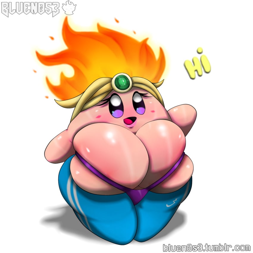 anthro ball_with_hyper_features big_breasts blue_pants bluen0s3 bra breasts cute cute_face eyelashes female female_only fire fire_kirby huge_breasts kirby kirby_(series) lips lipstick nintendo pants pink_body pink_lipstick pink_skin purple_bra rule_63 smile smiling solo solo_female text waddling_head