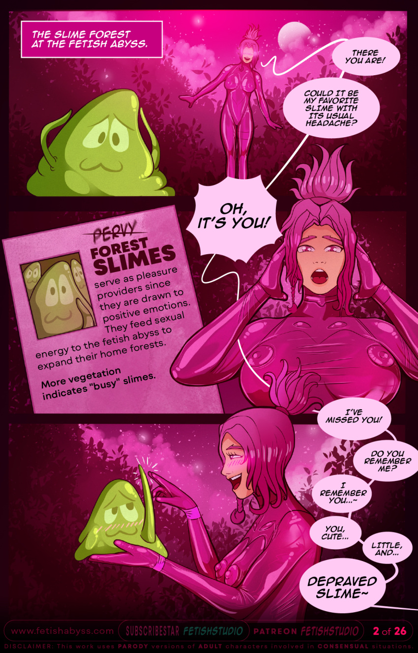 comic comic_page cute_slimes fetish_studio fetishabyss fetishstudio full_color latex latex_bodysuit latex_clothing latex_suit plant rubber rubber_suit slime slimes story_at_source