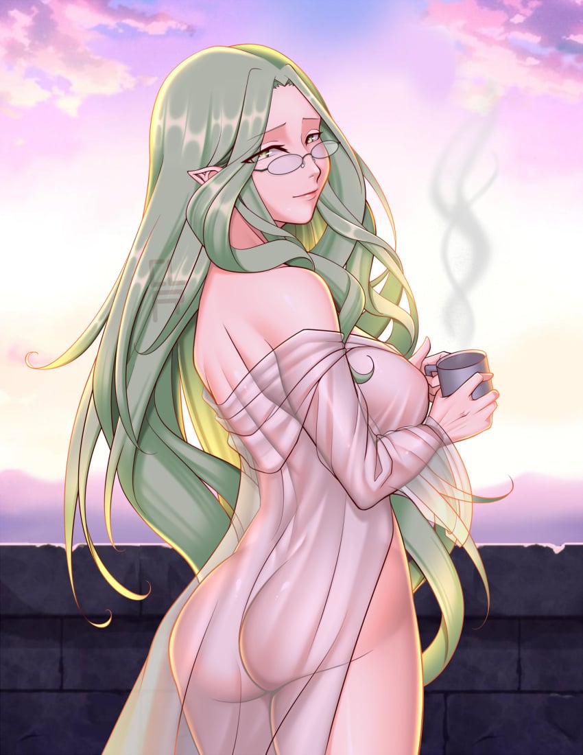 1girls ass back back_view bare_back big_ass cleru_(cleruuuuu) cup fire_emblem fire_emblem:_three_houses glasses large_breasts looking_at_viewer looking_back nintendo pointy_ears rhea_(fire_emblem) see-through smile solo solo_female