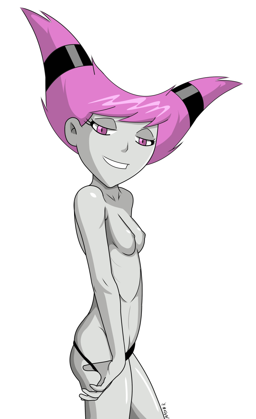 1girls breasts cartoon_network dc dc_comics female grey_skin jinx_(dc) metahuman nude nude_female nudity pale-skinned_female pale_skin panties panzer pink_eyes pink_hair simple_background small_breasts tagme teen_titans topless white_background