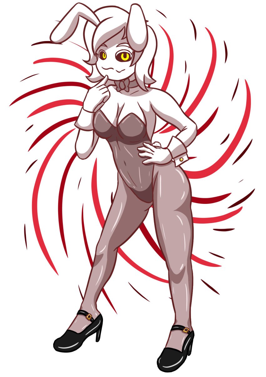 bare_shoulders black_sclera bowtie breasts bunny_costume bunny_ears bunny_girl bunny_tail bunnysuit cleavage clothed clothing delirium_(the_binding_of_isaac) digital_media_(artwork) female female_only finger_on_chin glowing_eyes grinding high_heels leotard looking_at_viewer medium_breasts pantyhose rule_63 short_hair standing the_binding_of_isaac transparent_background unknownlewder white_body white_hair white_skin yellow_eyes