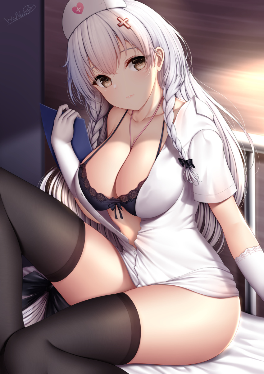 1girls azur_lane bra breasts cleavage female gloves hermione_(azur_lane) highres long_hair looking_at_viewer nurse nurse_uniform sitting thighhighs thighs twin_braids white_hair wsman yellow_eyes