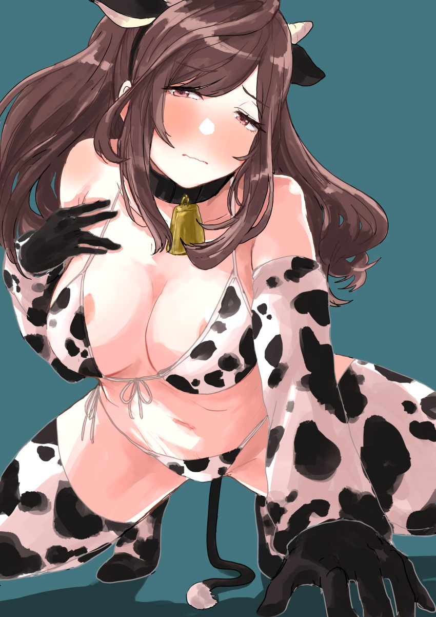 2021 areola_slip arm_support blush breasts brown_hair closed_mouth collar cow_ears cow_horns cow_print cow_print_armwear cow_print_bikini cow_print_legwear cow_tail cowbell female female female_focus female_only half-closed_eyes hand_on_breast idolmaster idolmaster_shiny_colors looking_at_viewer mouth_closed simple_background solo solo_female solo_focus tail tsukioka_kogane yamasafu