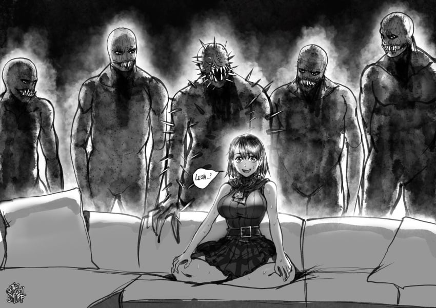 1girls 5boys ashley_graham ashley_graham_(brooke_elizabeth_mathieson) big_breasts busty capcom couch female female_focus female_human greyscale human humor imminent_rape imminent_sex male meme monochrome monster piper_perri_surrounded rape regenerator resident_evil resident_evil_4 sharp_teeth sitting skirt smile speech_bubble spikes sweat thegoldensmurf undead you_gonna_get_raped zombie