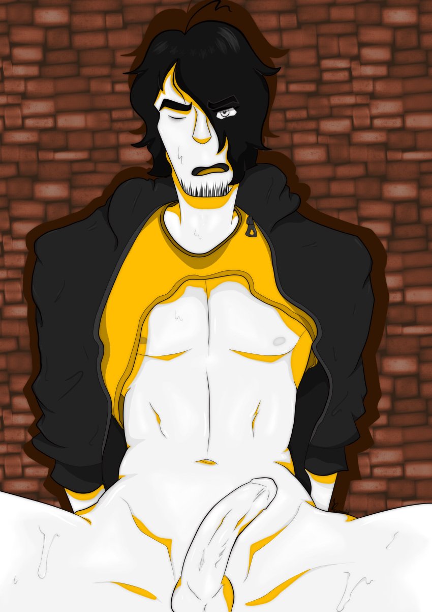 athletic_male baggy_eyes bags_under_eyes black_clothing black_hair black_hoodie fredd heart-shaped_pupils masterlasheron penis perfectos_desconocidos perfectos_desconocidos_(invitado) short_hair streamer white_skin yellow_clothing yellow_shirt younger_male youtuber