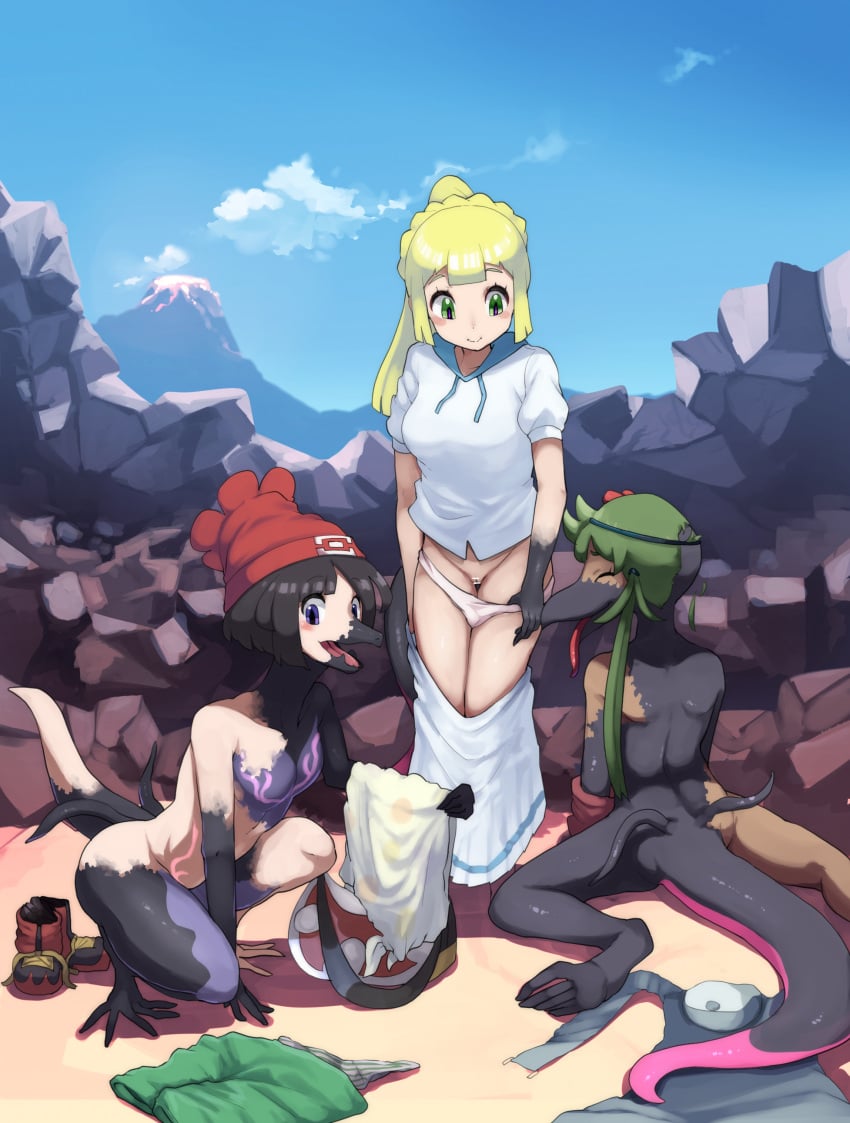 2021 3girls absurd_res accessory ass bag black_body black_hair blonde_hair blush bottomwear censored clothed clothing cloud crouching female female_only feral fire flower flower_in_hair footwear fuka_(kantoku) genitals green_eyes green_hair group growth hair hair_accessory hair_loss happy hat headgear headwear hi_res human human_to_feral kneeling lillie_(pokemon) mallow_(pokemon) mammal markings mid_transformation mind_wipe mountain multiple_girls nintendo open_mouth painted_background panties partially_clothed plant pokémon_(species) pokemon pokemon_(species) pokemon_sm ponytail purple_eyes pussy reptile salazzle scalie selene_(pokemon) shoes skirt smile smoke snout species_transformation tail_growth tanned tongue tongue_out transformation underwear undressing video_games volcano young