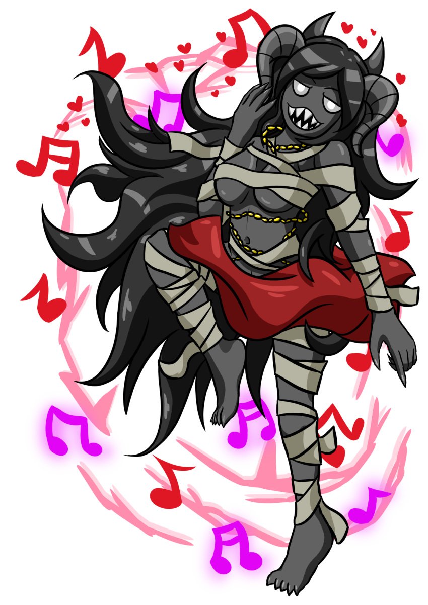 bandages bare_shoulders barefoot big_breasts big_teeth black_body black_hair black_skin breasts claws clothed clothing demon demon_girl digital_media_(artwork) female flowing_hair glowing_eyes gold_jewelry heart horn horns levitation long_hair looking_at_viewer mummy_costume musical_note navel necklace rags red_skirt sharp_teeth singing siren skirt smiling the_binding_of_isaac the_siren_(the_binding_of_isaac) transparent_background unknownlewder waist_cape waist_chain white_eyes white_pupils