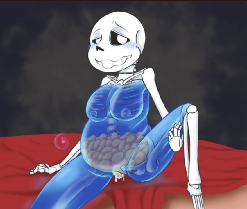 animated_skeleton blue_body blush breasts chubby chubby_female drool drooling ectobody ectoplasm egg_from_pussy egg_laying eggs female female_only female_sans genderswap genderswap_(mtf) holding_leg leg_lift lifting_leg midday_sinner_(artist) naked nipples nude rule_63 sans skeleton solo solo_female tears undertale