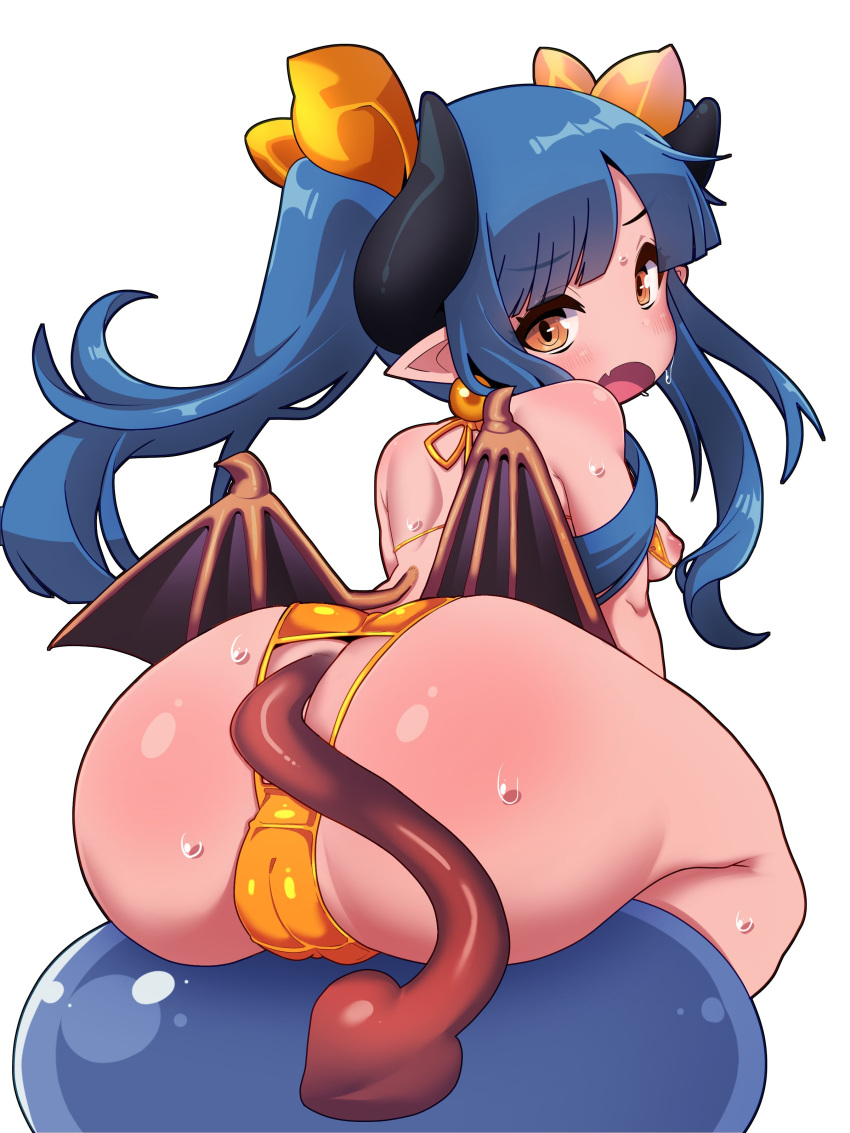 1girls 2020 absurdres anus_cutout arched_back ass backless_panties bare_shoulders big_ass blue_hair breasts brown_eyes cameltoe character_request commentary demon_girl demon_wings embarrassed female flamberge_(artist) flamberge_lo from_behind hair_ribbon highres horns looking_at_viewer looking_back nipples original pointy_ears ribbon simple_background sitting slime_(creature) small_breasts solo stool_position sweat twintails white_background wings yellow_ribbon