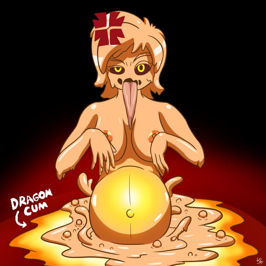 angry black_sclera boiling breasts bubble cumflation delirium_(the_binding_of_isaac) digital_media_(artwork) female glowing_belly glowing_body glowing_eyes goo_creature goo_girl inflated_belly lava lava_cum long_tongue looking_at_viewer melting nipples orange_body orange_hair orange_skin outie_navel puddle rule_63 short_hair slime_girl tentacle the_binding_of_isaac trembling unknownlewder yellow_eyes