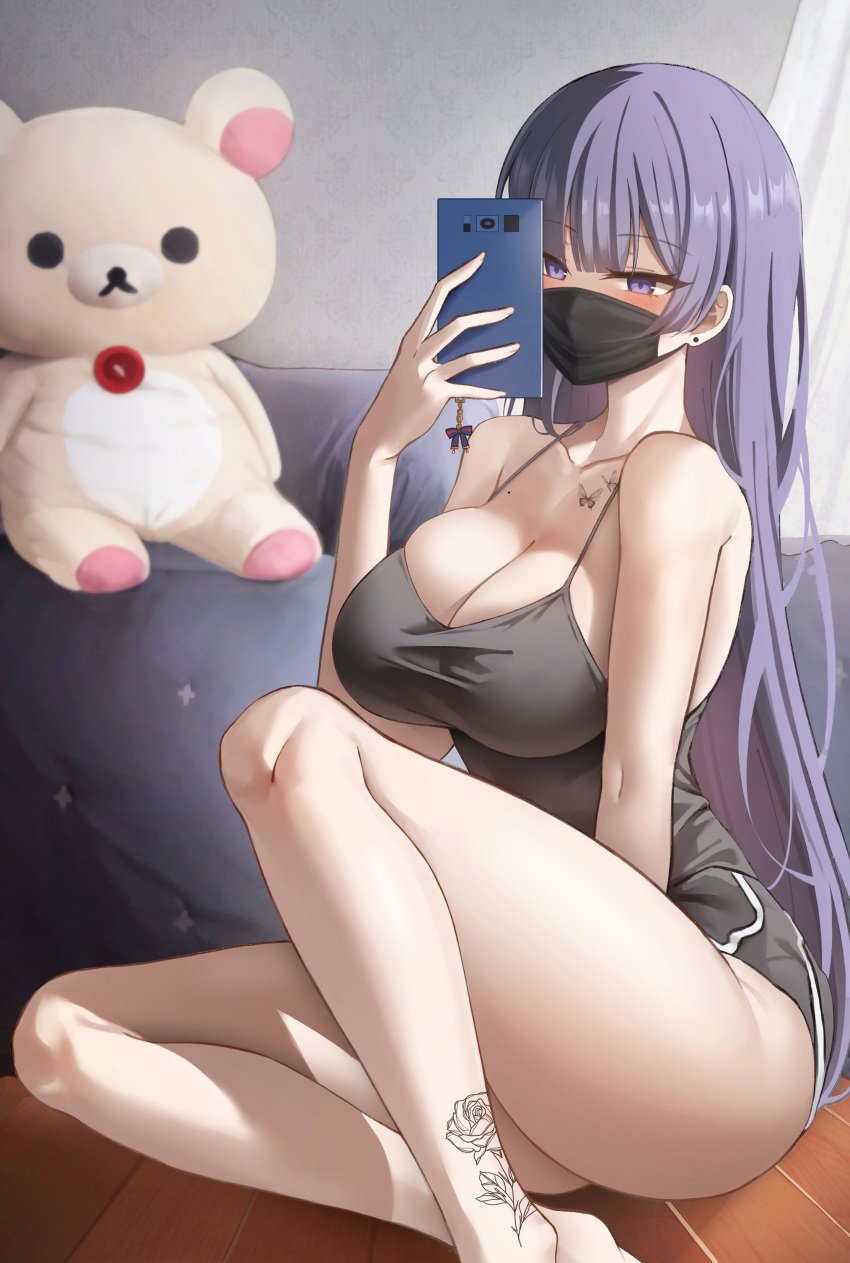 1girls bangs biya blush breasts cellphone clothed detailed_background earrings eyebrows_visible_through_hair face_mask female female_only highres large_breasts long_hair mask mole original original_character plushie purple_eyes purple_hair selfie solo solo_female tank_top tattoo thighs very_long_hair young yuna_(biya)