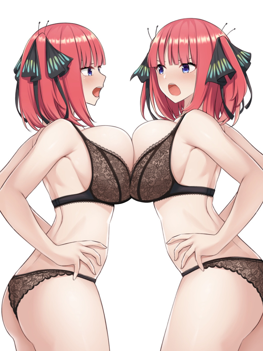 2girls angry arguing ass bangs bare_arms black_bra black_panties blunt_bangs blush bob_cut bra breast_press breast_to_breast breasts busty butterfly_hair_ornament clone female female_only fou_zi go-toubun_no_hanayome hair_ornament hair_ribbon hands_on_hips highres huge_breasts lace lace-trimmed_bra lace-trimmed_panties lace_trim light-skinned_female light_skin midriff multiple_girls nakano_nino open_mouth paintcan paipan pale-skinned_female pale_skin panties pink_hair plain_background ribbon selfcest shiny_hair shiny_skin short_hair side_view sideboob simple_background sister sisters skindentation standing symmetrical_docking twins underwear underwear_only upper_teeth white_background