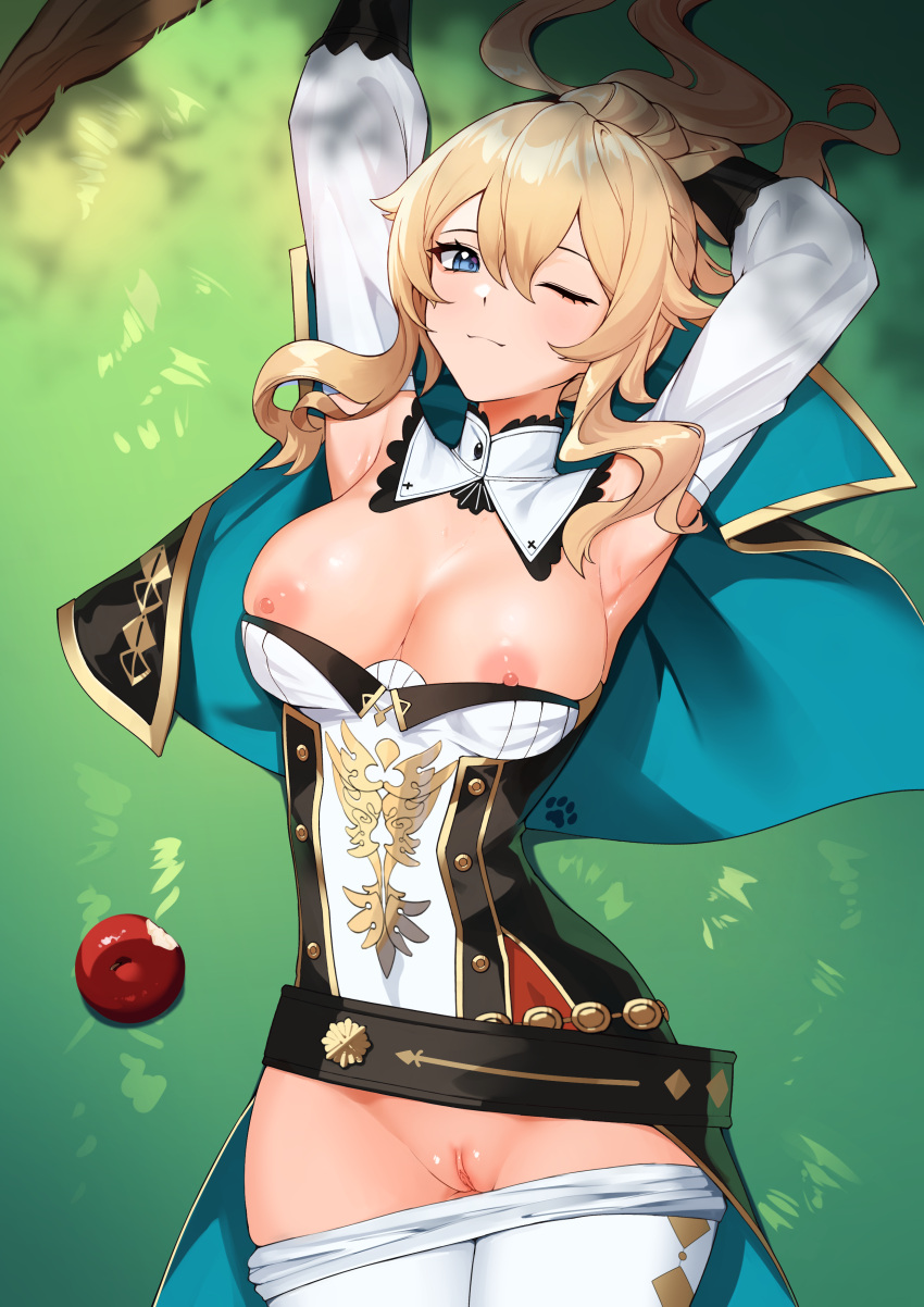 1girls absurd_res apple_(fruit) arm_behind_head arms_up big_breasts blonde blonde_hair blue_eyes breasts cleavage cute ett exposed_nipples exposed_pussy female female_focus female_only genshin_impact highres hourglass_figure jean_gunnhildr nipples no_bra no_panties nopan paw_print pussy ribbon smiling smiling_at_viewer solo solo_female solo_focus tattoo uncensored