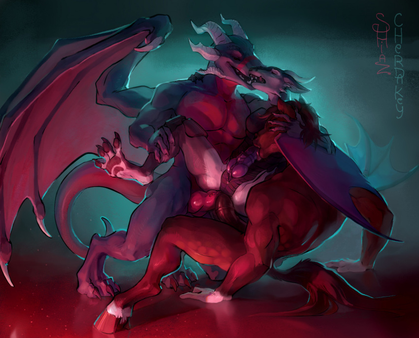 anthro cherdakey double_penetration dragon draken_(character) draken_sjacharytiss equid equine fellatio ganachethehorse gay group group_sex horse khalichips kissing knot male male/male mammal muscular oral penetration penile sex shiaz threesome wings wyvern