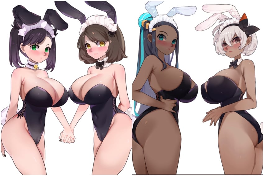 4girls alternate_breast_size ass bea_(pokemon) bell_collar big_breasts black_hair blue_eyes blush breasts brown_hair bunny_ears bunny_tail bunnysuit dark-skinned_female female_only gloria_(pokemon) green_eyes grey_eyes handholding huge_breasts human large_breasts long_hair maid_headdress marnie_(pokemon) multiple_girls nessa_(pokemon) nintendo pokemon pokemon_ss ribbon short_hair sumisumii tan_skin twintails white_background white_hair yellow_eyes