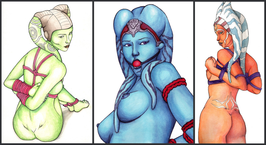 3girls ahsoka_tano ass ball_gag blue_eyes bondage breasts brown_eyes female_focus female_only gag gagged green_eyes hera_syndulla medium_breasts multiple_girls nipples nude rope_bondage sideboob simple_background small_breasts star_wars star_wars_rebels sw-ave togruta twi'lek vette white_background