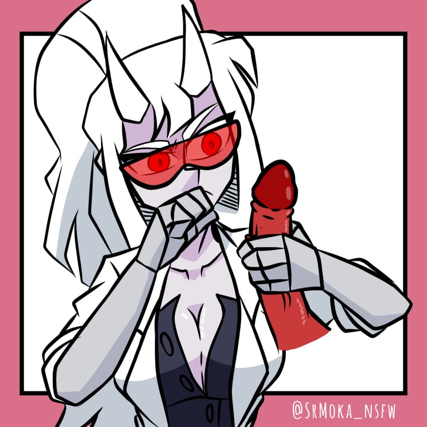 1girls azazel_(helltaker) big_penis demon demon_girl erect_penis female female_focus female_masturbing_male female_only glasses goggles handjob helltaker horns loremaster_(helltaker) red-tinted_eyewear red_eyes solo srmoka sunglasses tinted_eyewear visor white_hair white_skin