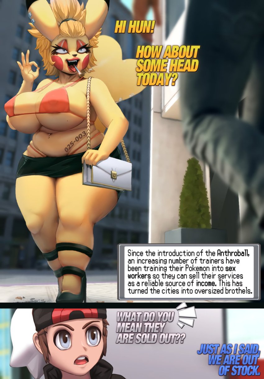 1boy 1girls anthro beauty_mark big_breasts bimbo blonde_hair breasts brendan_(pokemon) brendan_(pokemon_oras) curvy_figure large_breasts makeup nintendo picturd pikachu pokemon pokemon_oras pokemon_rgby prostitution short_hair shortstack text thick_thighs thighs thong translated voluptuous wide_hips yellow_body