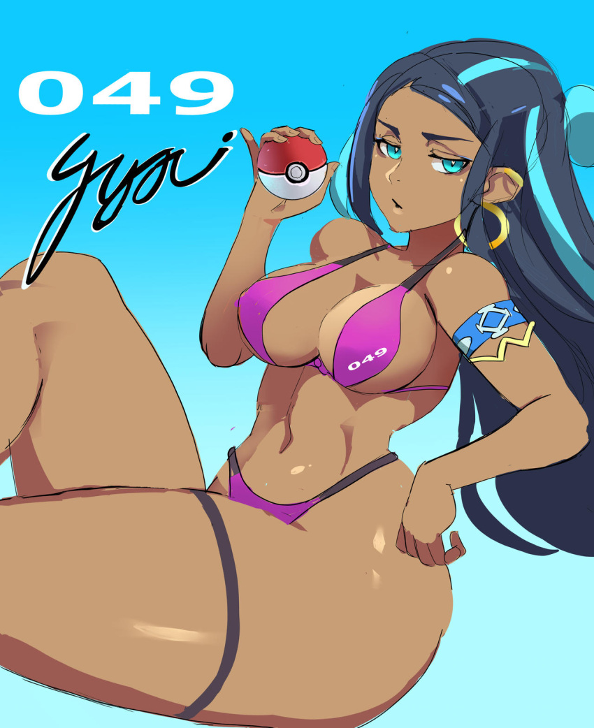 1girls belly_button big_breasts bikini bikini_bottom bikini_top blue_eyes blue_hair breasts dark-skinned_female dark_skin female fit fit_female huge_breasts human krius-ol looking_at_viewer navel nessa_(pokemon) nintendo pokeball pokemon pokemon_ss purple_bikini purple_swimsuit purple_thong solo solo_female solo_focus swimsuit thick thick_thighs thighs thong