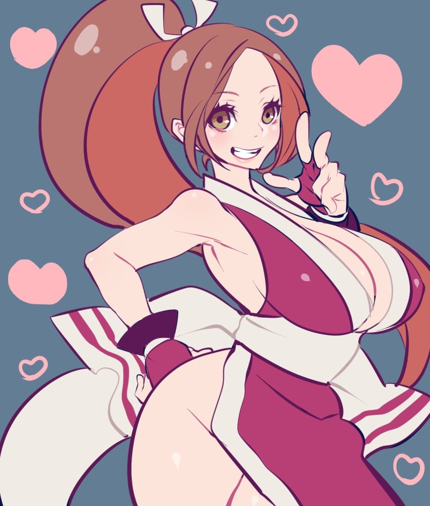 bad_id bad_pixiv_id breasts brown_hair cleavage female fingerless_gloves gloves grey_background grin hair_ornament hand_on_hip heart high_ponytail highres hohehohe japanese_clothes king_of_fighters large_breasts looking_at_viewer mai_shiranui no_bra no_panties pelvic_curtain revealing_clothes simple_background smile solo teeth w yellow_eyes