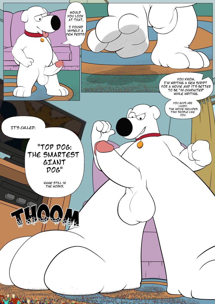 absurd_res big_penis brian_griffin canid canine canis domestic_dog english_text erect_penis family_guy feet genitals giantboonehusky_(artist) hi_res macro mammal micro paws penis squeezing text