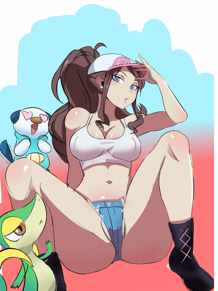 1girls blue_eyes boots bottomwear breasts female hilda_(pokemon) krius-ol laced_boots looking_at_viewer medium_breasts navel nintendo oshawott pokemon pokemon_(species) pokemon_bw shorts snivy spread_legs topwear