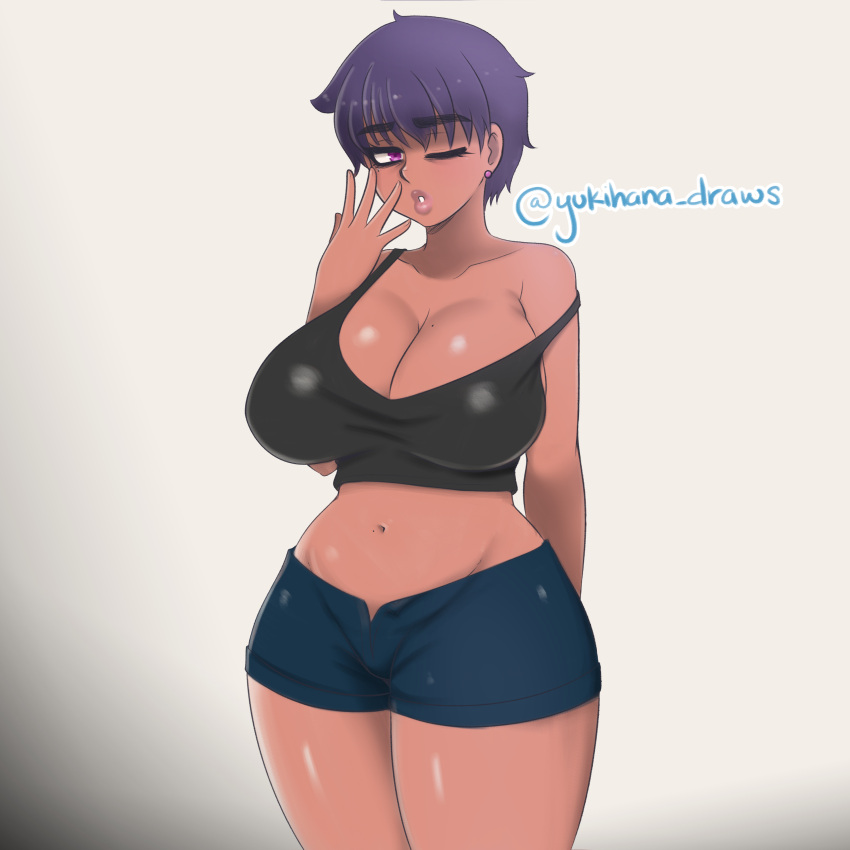 1girls art_trade beauty_mark borrowed_character breasts cleavage clothed crop_top curvy dark-skinned_female earrings eyebrows_visible_through_hair female female_only hourglass_figure large_breasts looking_at_viewer midriff mole_on_breast navel off_shoulder one_eye_closed original original_character pink_eyes purple_hair short_hair shorts solo tan_skin tank_top thick_lips thick_thighs very_short_hair yukihana_draws