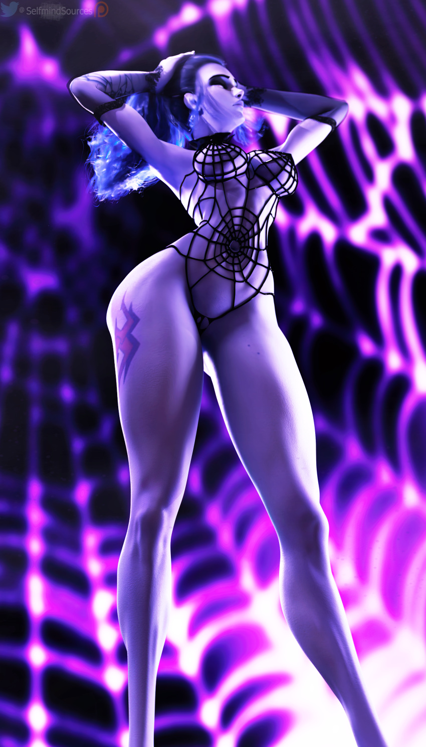 1girls 3d background bare_legs blizzard_entertainment blue_hair eyes_closed fishnet_shirt hips legs lips long_hair long_legs mole net_shirt outfit overwatch partially_clothed pinup pinup_pose ponytail posing revealing_clothes selfmindsources solo tattoo thick_thighs toned toned_body toned_female wide_hips widowmaker