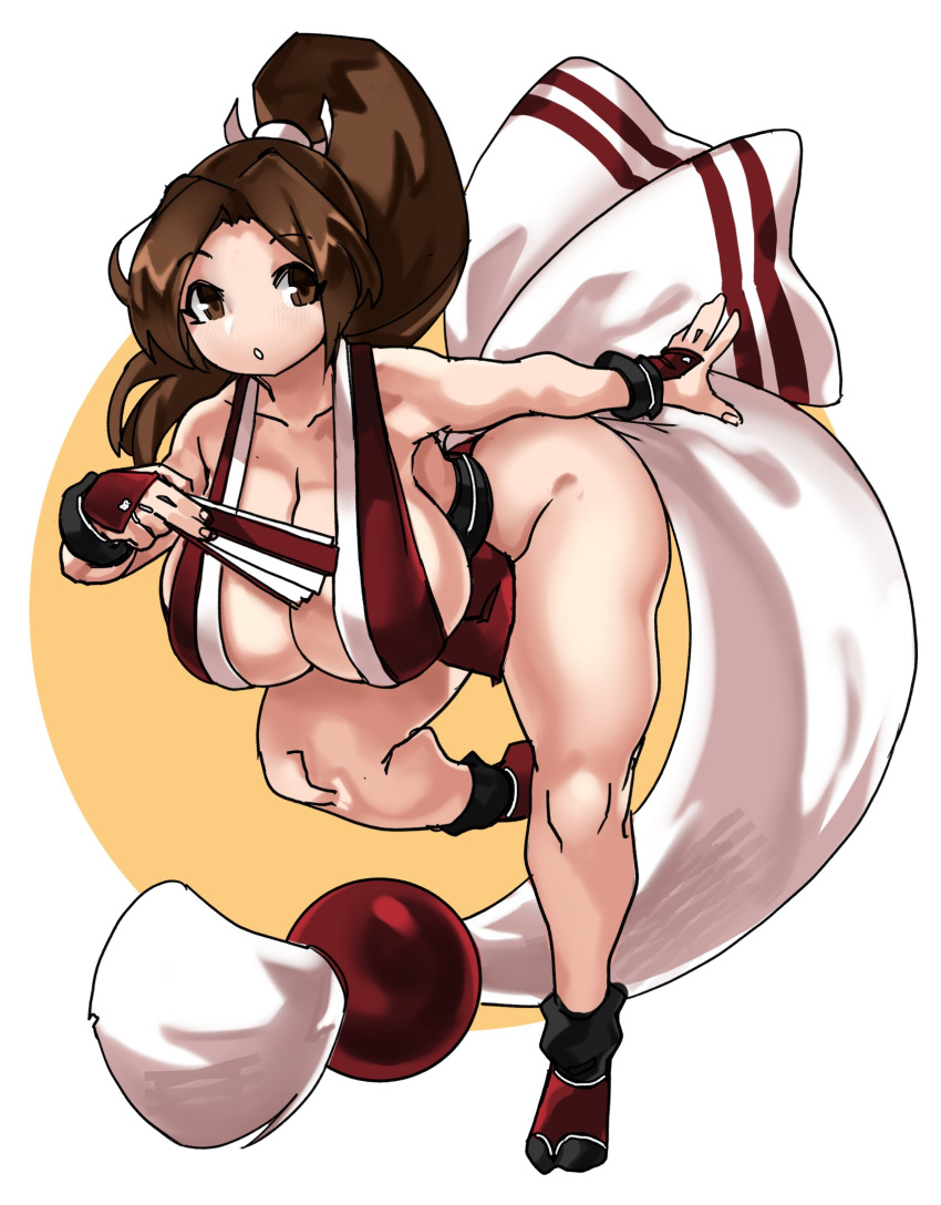 1girls 2019 armor bangs bent_over black_legwear bow breasts brown_eyes brown_hair cleavage closed_fan commentary english_commentary fan fatal_fury female female_focus female_only folding_fan full_body hair_ornament high_ponytail highres huge_breasts japanese_armor king_of_fighters kote leaning_forward long_hair looking_at_viewer mai_shiranui matching_hair/eyes milf mole ninja no_bra no_nose no_panties parted_bangs parted_lips pelvic_curtain ponytail revealing_clothes running sash sideboob sleeveless slender_waist snk snk_vs_capcom solo tabi thighs white_bow zanamaoria